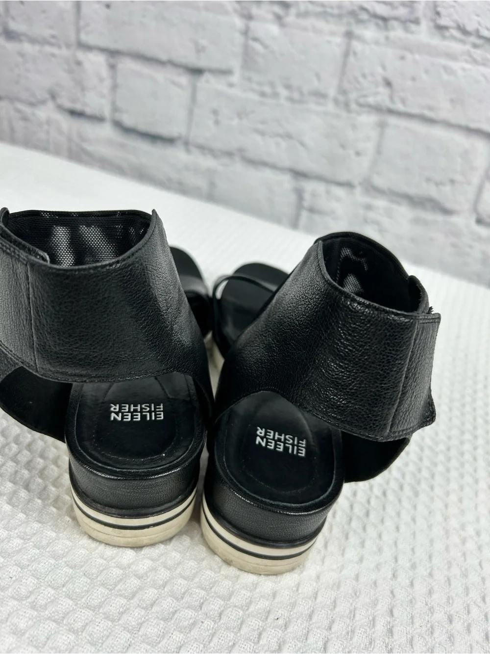 Eileen Fisher Spree Black Leather Mesh Sport Platform Sandals Women’s 8